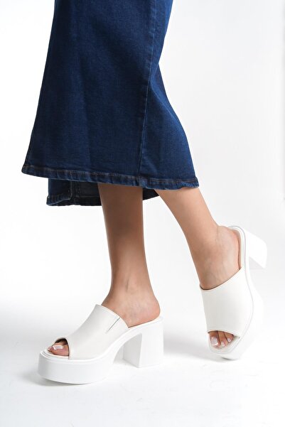 Modabuymus White Single Strap Thick Platform Heel Arhez Daily Slippers