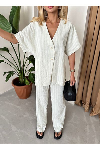 Laluvia 100% Cotton Ecru Thick Line ing és nadrág szett