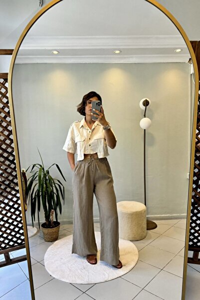 Bucle By Gizem %100 Ham Keten Bağcıklı Duble Paça Pantolon Haki