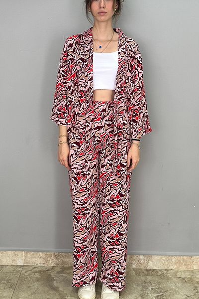 Tam Moda White-Burgundy Patterned Palazzo Women's Trousers and Kimono Set