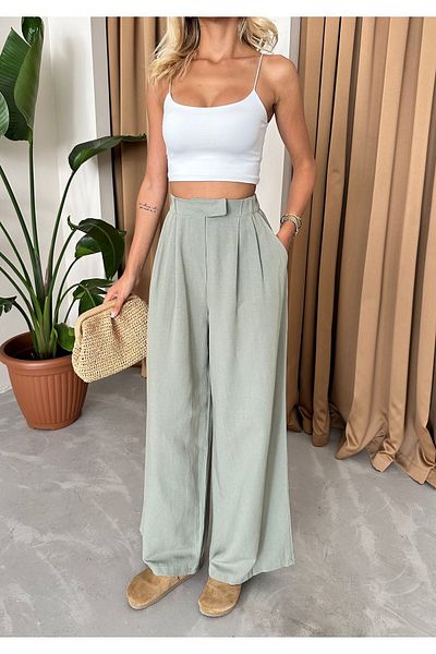 Laluvia Khakifarbene Hose mit weitem Bein und seitlichen Knöpfen aus 100 % Baumwolle – 3508