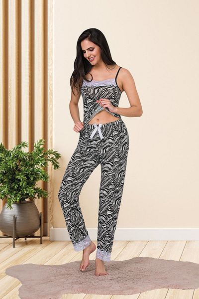 MyBen Set de pijamale de damă cu model zebră din bumbac Lycra negru cu bretele din dantelă 28456