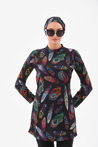 Asgard Tesettür Hijab Swimsuit - Lycra, Full Covered, Feather and Leaves