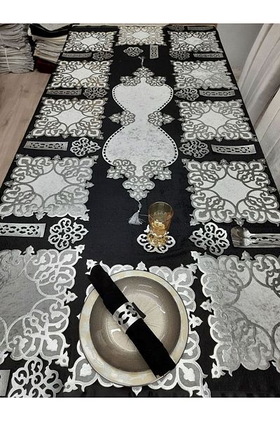 SEHARA Gray-Silver Colored 98x30cm Runner Serving and 33x33cm Spoon Holder Set - 37 Pieces