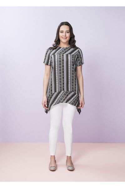 Even Plus Size - Büyük Beden Kadın Giyim Yeşil Etnik Desenli Büyük Beden Bluz