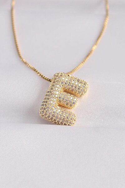 JEWELRY ELKA 316L Çelik Zincirli Zirkon Taşlı E Harfli Bubble Kolye