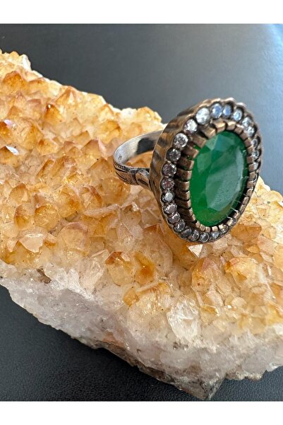Otantik Zümrüt Ve Zirkon Doğal Taşlı Kadın Gümüş Yüzük 925 Ayar 9.65 gram