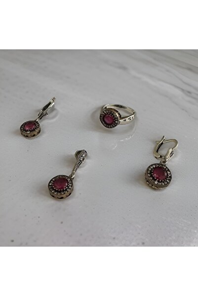 Aysesa Otantik Üzeri Zirkon ve Yakut Taşlı Kadın Gümüş Set (2 Küpe + Kolye + ...