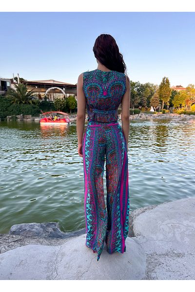 elbisenvarmı Viscose Patterned Trousers and Vest Set
