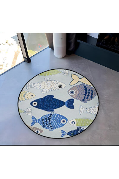 Rugs Modern Halı Mira Round Blue Tones Fishes Woven Base Modern Decorative Ca...