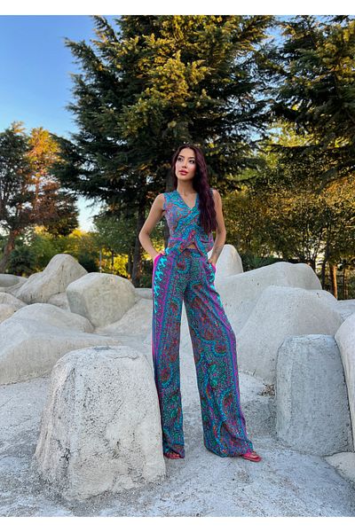elbisenvarmı Viscose Patterned Trousers and Vest Set