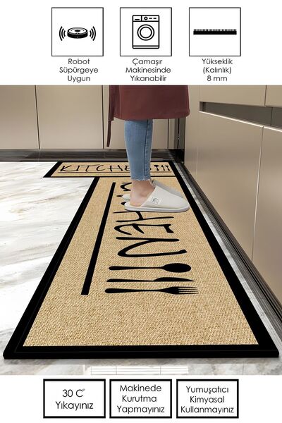 Getcarpet Ikili Tezgah Önü Mat Yıkanabilir Mutfak Paspas Takımı Pedi