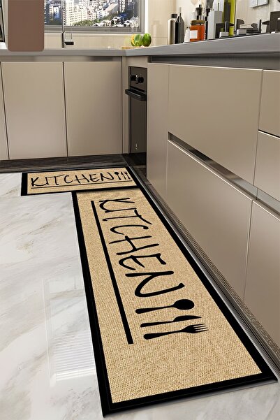 Getcarpet Ikili Tezgah Önü Mat Yıkanabilir Mutfak Paspas Takımı Pedi