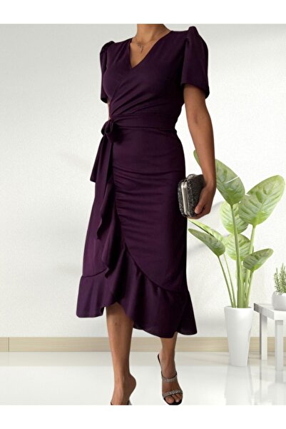 lovebox Елегантна жіноча вечірня сукня довжини міді - двобортний комір, спідниця на поясі та волани по подолу -81