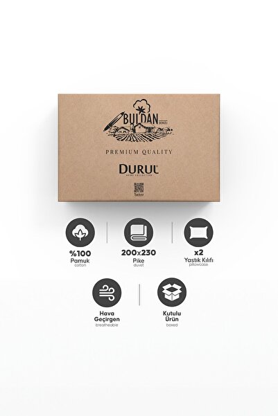 Durul Vintage Çift Kişilik Pike Takımı - %100 Pamuk, Kanaviçe Kırmızı Nakışlı, Güpür Detaylı - Bej