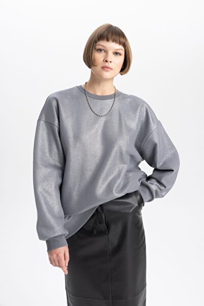 DeFacto Relaxed Cut Crew Neck Metallic Sweatshirt - B5154ax23wn