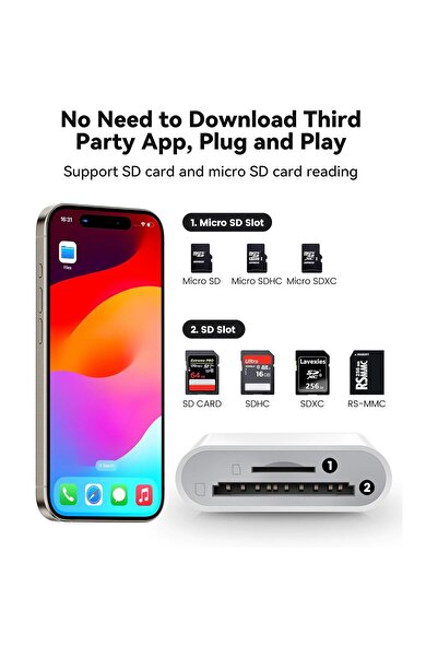 Apera MT38 Android ve iPhone 15 ile Uyumlu Type-C Çevirici Adaptör Micro SD ve SD Kart Okuyucu