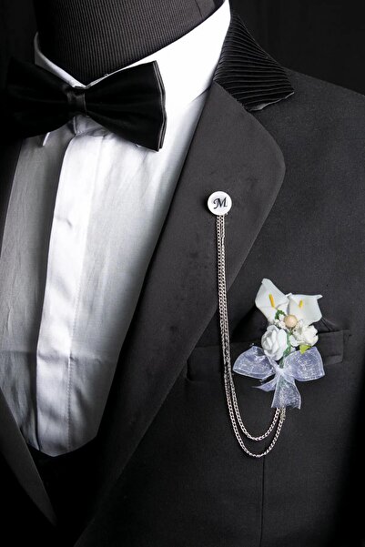 BAYEFENDİ Kişiye Özel Harfli Zincirli Beyaz Ceket Yaka Iğnesi