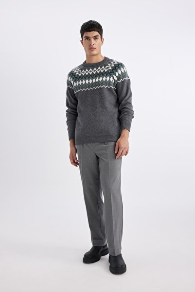 DeFacto Standard Fit Regular Cut Patterned Crew Neck Knitwear Sweater B8883Ax23Wn