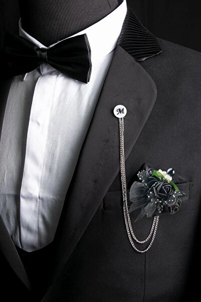 BAYEFENDİ Kişiye Özel Harfli Zincirli Siyah Ceket Yaka Iğnesi