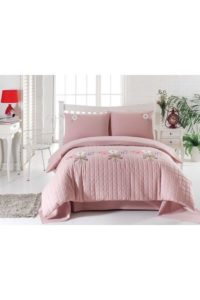 DENİZLİ ÇEYİZ Double Embroidered 4 Season Quilted Duvet Cover Set Powder