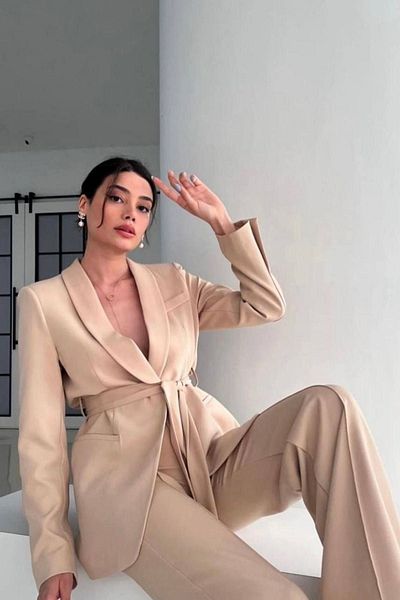 MYGİYİMİSTANBUL Blazer Jacket and Wide Leg Trousers Set - Tied
