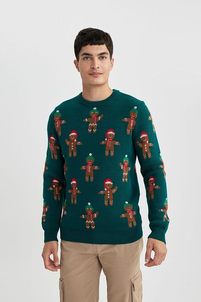 DeFacto New Year's Themed Standard Fit Regular Cut Patterned Crew Neck Knitwear Sweater B2359Ax23Wn
