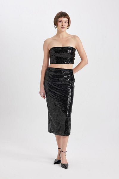 DeFacto Slim Fit Slim Fit trägerlose Stoffbluse mit Pailletten B7637ax23wn