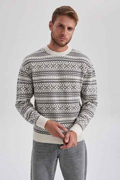DeFacto Relax Fit Patterned Crew Neck Knitwear Sweater B1892Ax23Wn