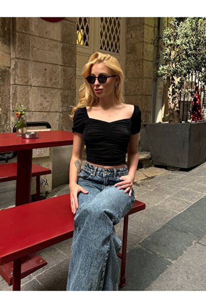 REELMODA Madonna Collar Short Sleeve Stylish Crop Sendy Blouse - Gathered Front