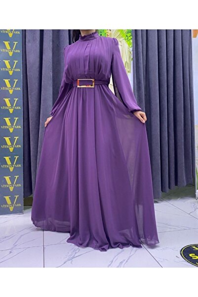 Butik Önü Piliseli Kemerli Tesettür Şifon Abiye