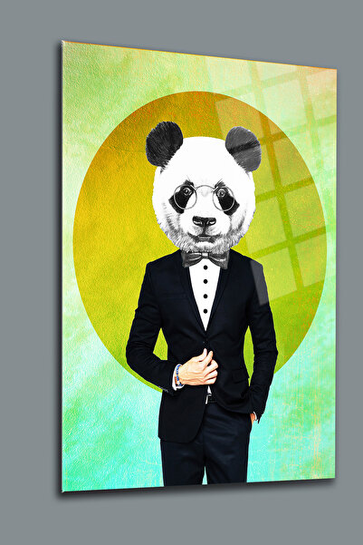 glassartdesign Pictură pe sticlă cu panda în costum