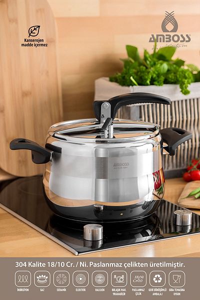 Amboss Amber 8 Lt Classic Pressure Cooker Stainless Steel Bakelite Handle Black