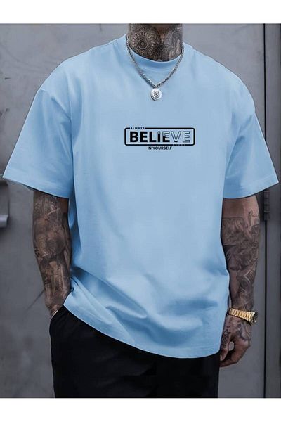 NO 601 Tricou albastru Believe Always Oversize pentru bărbați