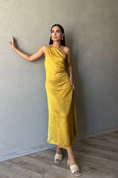 Seda Yalçın Atelier One Shoulder Yellow-Turquoise Satin Long Dress