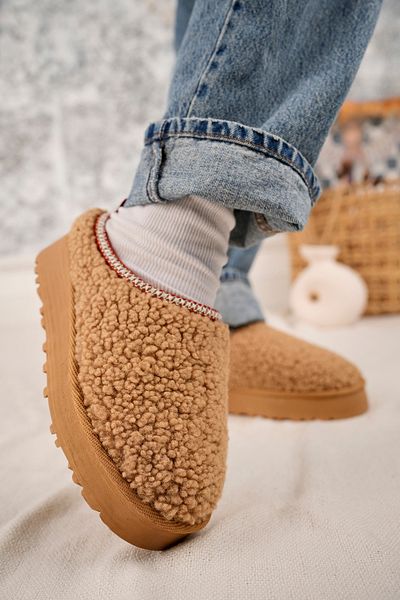 camaiore Kamelfarbene Plüsch-Ministiefel – Winter-Fell-Damenschuhe