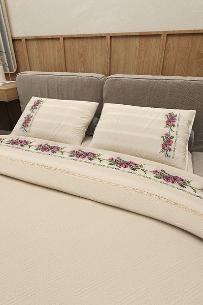 Durul Vintage Double Pique Set - Beige Color, 100% Cotton, Cross Stitch Lilac Embroidered and Guipure Detailed