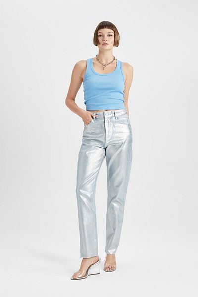 DeFacto Straight Fit Regular Fit Regular Waist Tube Leg Ankle Length Metallic Jean Pants B2916ax23wn