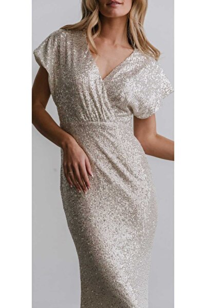 hilaltrendd Kruvaze düşük kol pulpayet elbise