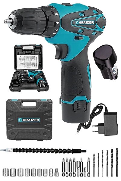 Graizer Alman 32 V Sjs Çift Metal Şanzuman Çift Akülü Şarjlı Vidalama Matkap + 24 Parça Set Mavi Ar