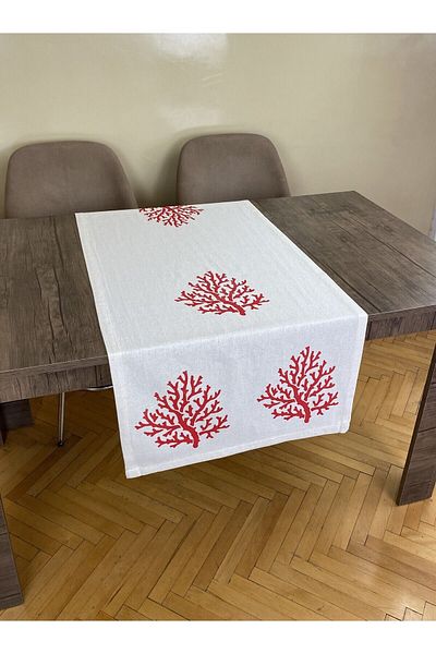 pamukidea Red Coral Patterned Runner Wood Printed Stone Print Buldan Cotton Linen Cloth Fireplace Ranir Coral