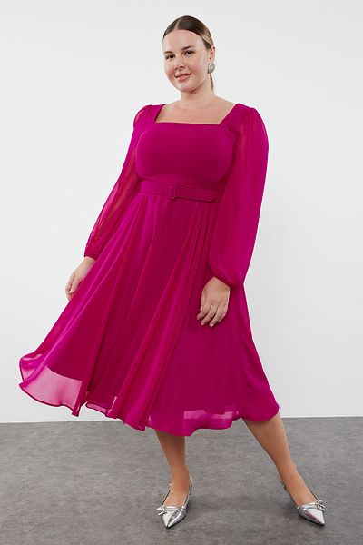 Trendyol Curve Chiffon Evening Dress with Square Collar and Balloon Sleeves - Plum Belt, Plus Size TBBSS24AD00008