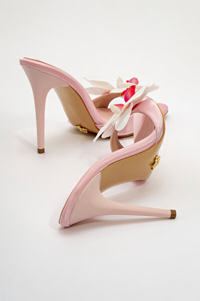 AYAKKABI PRENSİ Lily Flower Detailed Powder Satin 10 cm Dámské pantofle, pantofle na podpatku