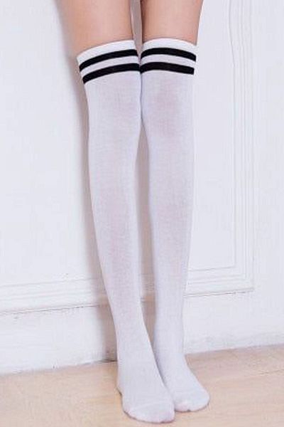 Design Socks Șosete peste genunchi din bumbac cu dungi negre cu model alb