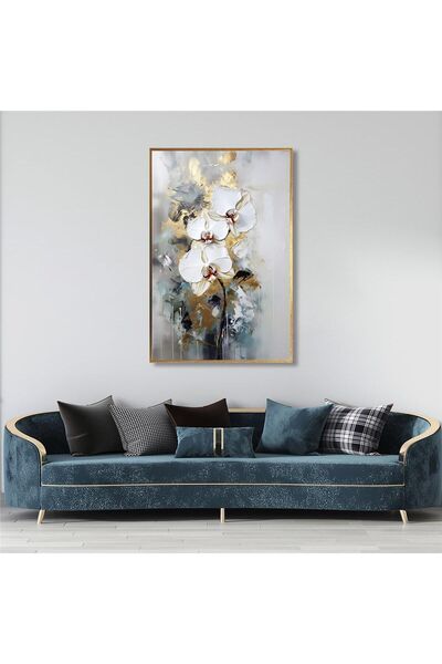 Tablosan Yağlı Boya Dokulu Tablo Soyut Beyaz Altın Çiçekler Altın Çerçeveli U02028