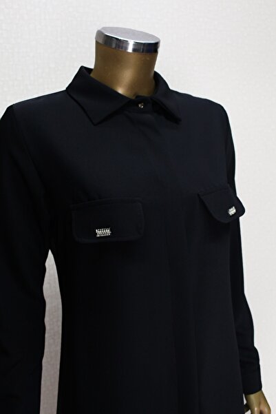 PERFECT 1518 CEP KAPAĞI TAŞ DETAYLI GİZLİ DÜĞMELİ GÖMLEK YAKA TUNİK QYS TUNİK 1518 #23-043