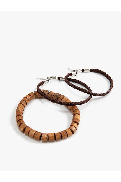 Koton Bracelet Set 3 Pieces Wooden Beaded Leather Look