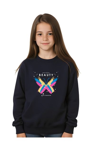 FYK COLLECTİON Детайлен суитшърт с щампа за момиче с обло деколте