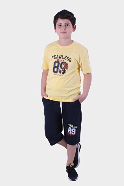 FYK COLLECTİON Boy's Summer Suit - 3-Piece Printed T-Shirt and Capri Set