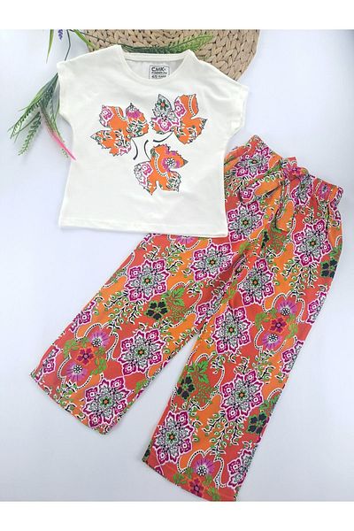 Cmk Kids club Girls' Double Suit - Green, Orange, Pink Color Options, Summer Pants and T-shirt